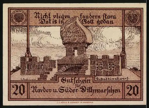 Notgeld Norden und Süder Dithmarschen, 20 Pfennig, Burgmotiv mit Inschrift und Seriennummer 208766