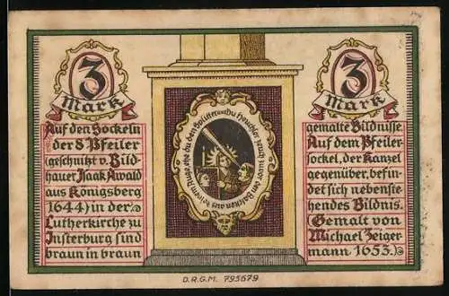 Notgeld Insterburg, 3 Mark, Stadtansicht und religiöses Gemälde von 1653, Konto Nr. 025589