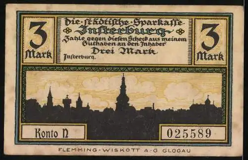 Notgeld Insterburg, 3 Mark, Stadtansicht und religiöses Gemälde von 1653, Konto Nr. 025589