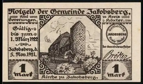 Notgeld Jakobsberg 1921, 1 Mark, Kirche zu Jakobsberg und Jakobsbrunnen