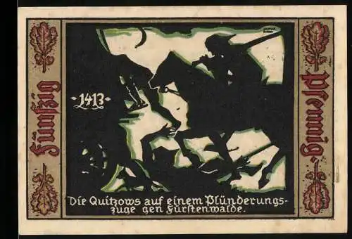 Notgeld Fürstenwalde / Spree 1921, 50 Pfennig, Ritter auf Plünderungszug, Wappen und Inschrift