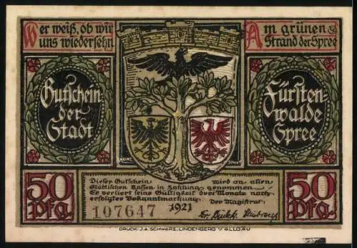 Notgeld Fürstenwalde / Spree 1921, 50 Pfennig, Ritter auf Plünderungszug, Wappen und Inschrift