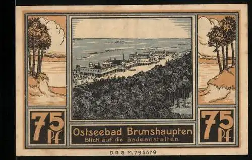 Notgeld Ostseebad Brunshaupten, 75 Pfennig, Blick auf die Badeanstalten und Kuh mit Bienenstöcken