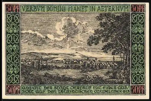 Notgeld Ohrdruf 1921, 50 Pfennig, Stadtansicht und Denkmäler zur Erinnerung an Bonifatius