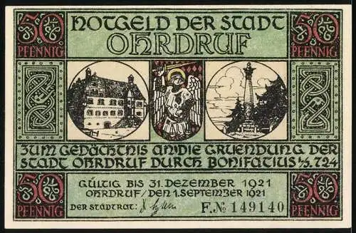 Notgeld Ohrdruf 1921, 50 Pfennig, Stadtansicht und Denkmäler zur Erinnerung an Bonifatius