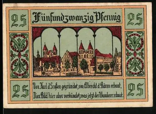 Notgeld Aken / Elbe, 1921, 25 Pfennig, Stadtansicht und Stadtwappen mit historischem Text