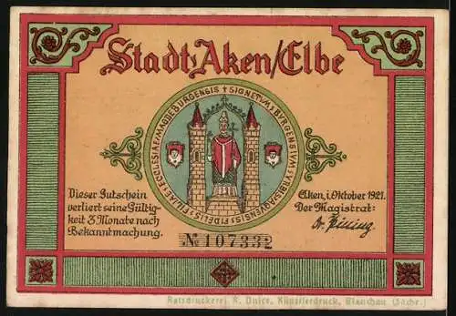 Notgeld Aken / Elbe, 1921, 25 Pfennig, Stadtansicht und Stadtwappen mit historischem Text