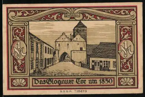 Notgeld Guhrau, 1 Mark, Das Glogauer Tor um 1850, Stadtwappen und Verzierungen, Konto E, Flemming-Wiskott A.-G