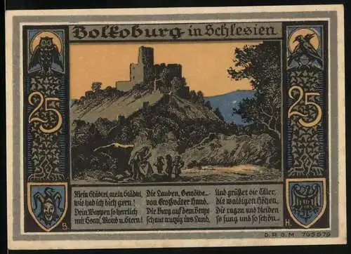 Notgeld Bolkenhain in Schlesien, 25 Pfennig, Landschaft mit Burg und Stadtansicht