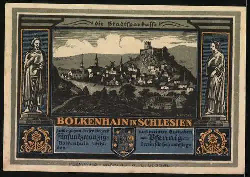 Notgeld Bolkenhain in Schlesien, 25 Pfennig, Landschaft mit Burg und Stadtansicht