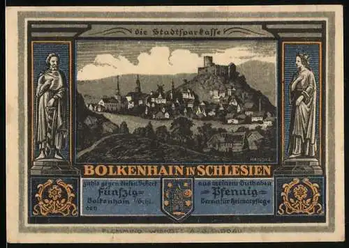 Notgeld Bolkenhain in Schlesien, 50 Pfennig, Stadtansicht mit Burg und Dorfstrasse im Winter