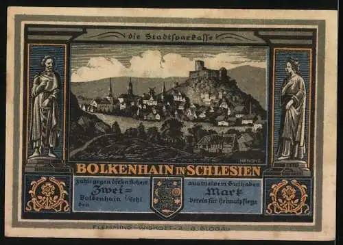 Notgeld Bolkenhain in Schlesien, 2 Mark, Stadtansicht mit Burg und Figuren, Spruch auf Vorderseite