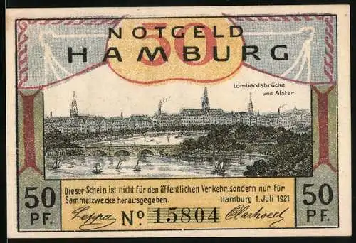 Notgeld Hamburg, 1921, 50 Pf, Lombardsbrücke und Alster, Hamburger Bürger Militär, Tambourmajor und Tambours