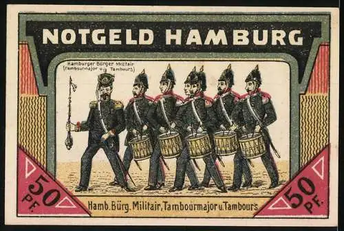 Notgeld Hamburg, 1921, 50 Pf, Lombardsbrücke und Alster, Hamburger Bürger Militär, Tambourmajor und Tambours