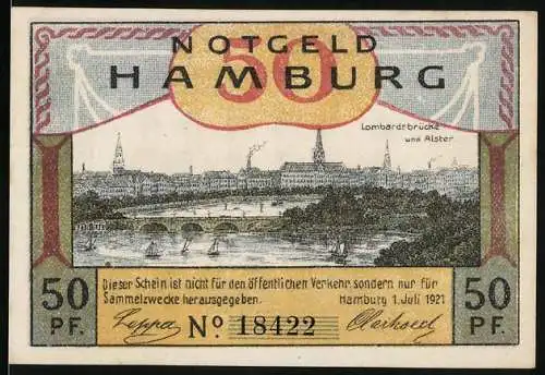 Notgeld Hamburg 1921, 50 Pf, Lombardsbrücke und Alster, Hamb. Bürg. Militär, Tambourmajor u. Tambours