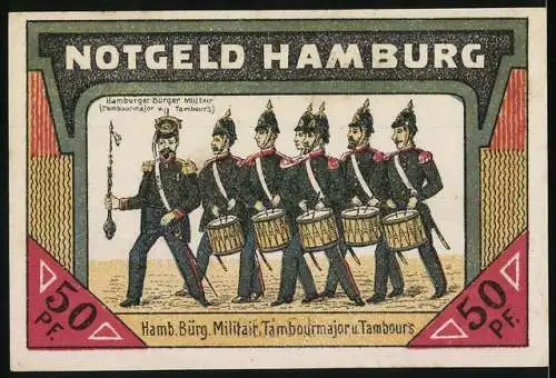 Notgeld Hamburg 1921, 50 Pf, Lombardsbrücke und Alster, Hamb. Bürg. Militär, Tambourmajor u. Tambours