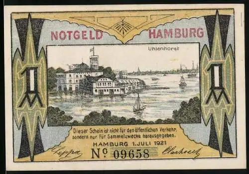 Notgeld Hamburg 1921, 1 Mark, Uhlenhorst und Hamburger Bürgermilitär (Jäger)