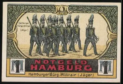 Notgeld Hamburg 1921, 1 Mark, Uhlenhorst und Hamburger Bürgermilitär (Jäger)