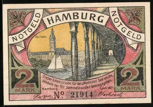 Notgeld Hamburg, 1921, 2 Mark, Rathaus und Hamburger Bürgermilitär (Artillerie)