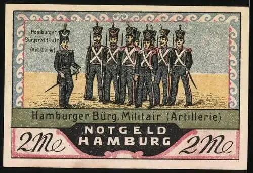 Notgeld Hamburg, 1921, 2 Mark, Rathaus und Hamburger Bürgermilitär (Artillerie)