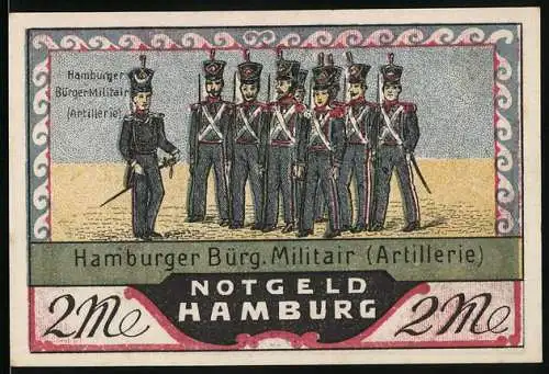 Notgeld Hamburg, 1921, 2 Mark, Darstellung des Hamburger Bürger-Militärs (Artillerie) und des Rathauses