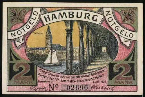 Notgeld Hamburg, 1921, 2 Mark, Darstellung des Hamburger Bürger-Militärs (Artillerie) und des Rathauses