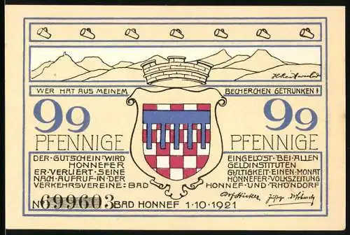 Notgeld Bad Honnef, 1921, 99 Pfennige, Berglandschaft mit Wappen und Rheinansicht