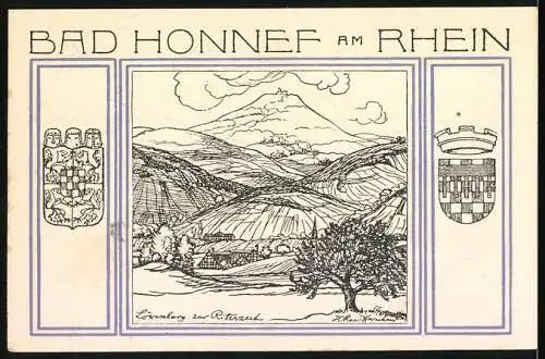 Notgeld Bad Honnef, 1921, 99 Pfennige, Berglandschaft mit Wappen und Rheinansicht