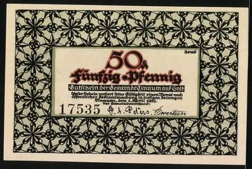 Notgeld Tinnum, 50 Pfennig, Gutschein der Gemeinde Tinnum auf Sylt, historisches Gebäude und dekoratives Muster