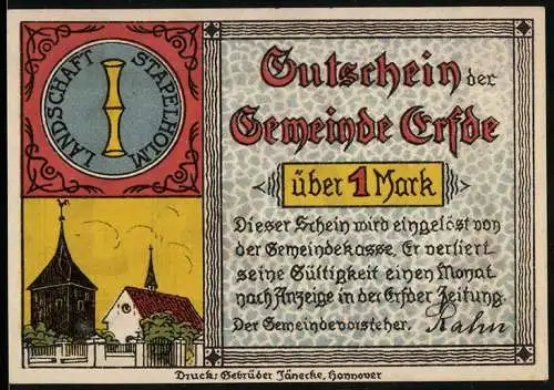 Notgeld Erfde, 1921, 1 Mark, Gemeinde Gutschein mit Kirchenmotiv und Tanzszene