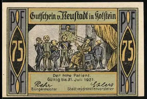 Notgeld Neustadt in Holstein, 1921, 75 Pfennig, Der hohe Patient und Am Strande, Gültig bis 31. Juli 1921