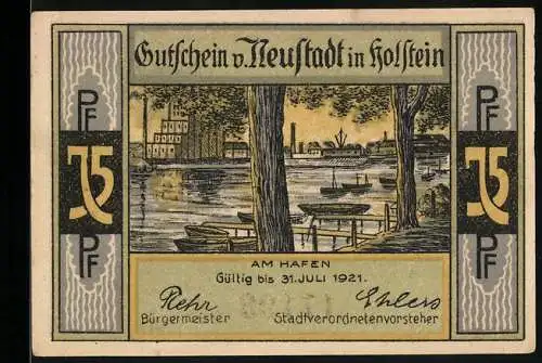 Notgeld Neustadt in Holstein 1921, 75 Pfennig, Am Hafen und Die Burg mit Ziegenreiten