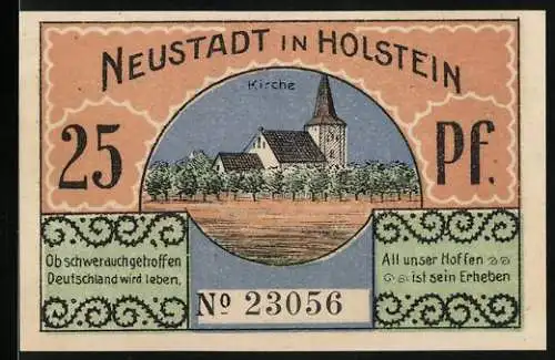 Notgeld Neustadt in Holstein, 1921, 25 Pfennig, Kirche und Patriot gegen Dänisch-Gesinnter Mensch