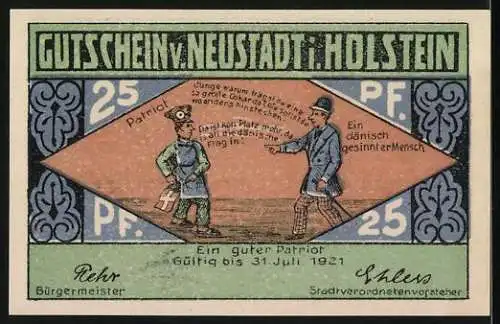 Notgeld Neustadt in Holstein, 1921, 25 Pfennig, Kirche und Patriot gegen Dänisch-Gesinnter Mensch