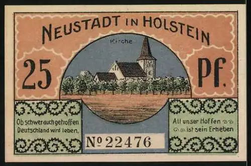 Notgeld Neustadt in Holstein, 1921, 25 Pfennig, Patriot und Kirche Motiv