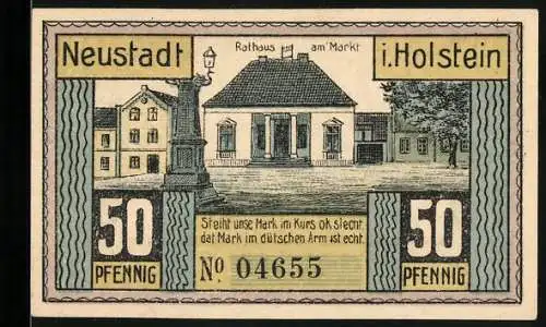 Notgeld Neustadt i. Holstein, 1921, 50 Pfennig, Rathaus am Markt und Eisenbahn-Projekt