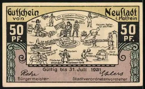 Notgeld Neustadt i. Holstein, 1921, 50 Pfennig, Rathaus am Markt und Eisenbahn-Projekt