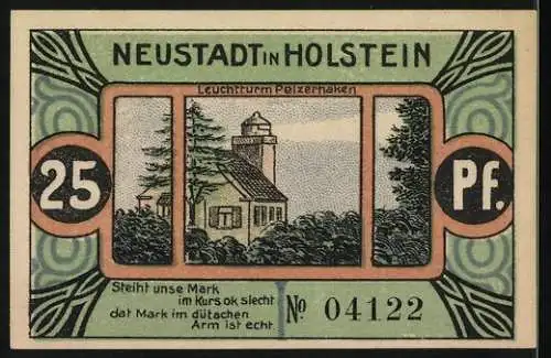 Notgeld Neustadt in Holstein, 1921, 25 Pfennig, Gültig bis 31. Juli 1921, Leuchtturm Pelzerhaken, Nr. 04122