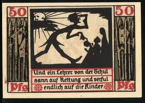 Notgeld Naumburg 1920, 50 Pfennig, Lehrer rettet Kinder, Stadtwappen mit Schlüsseln