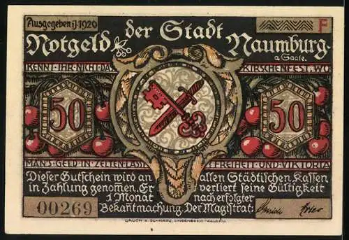 Notgeld Naumburg 1920, 50 Pfennig, Lehrer rettet Kinder, Stadtwappen mit Schlüsseln