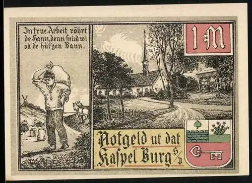 Notgeld Burg 1 Mark, historische Illustrationen von Bauern und Landschaften, 1916