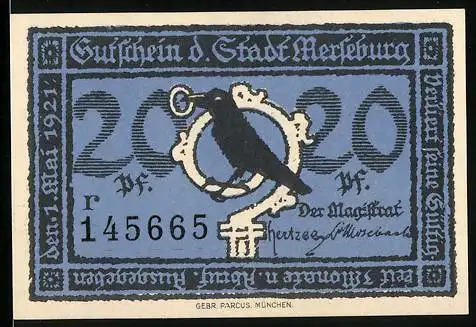 Notgeld Merseburg 1921, 20 Pf., Krähe und Schlüsselmotiv, Seriennummer 145665, historische Szene auf Rückseite