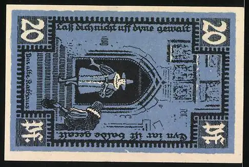 Notgeld Merseburg 1921, 20 Pf., Krähe und Schlüsselmotiv, Seriennummer 145665, historische Szene auf Rückseite