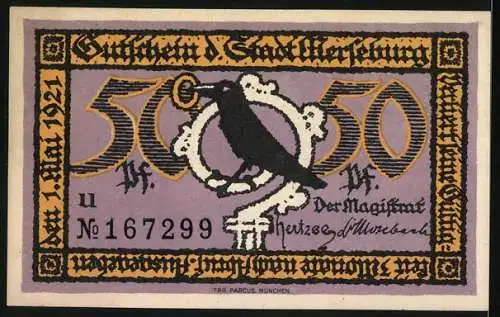 Notgeld Merseburg 1921, 50 Pf, Stadtmauer und Burg, Rabe mit Schlüssel, Nr. 167299