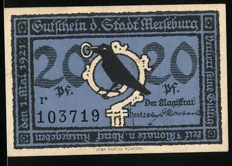 Notgeld Merseburg 1921, 20 Pfennig, Rabe mit Ring und Stadtszene vor Tor