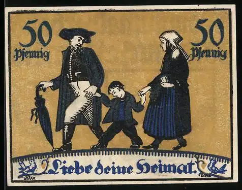 Notgeld Marktheidenfeld, 1921, 50 Pfennig, Familie mit Kind Liebe deine Heimat und Wappen mit Brücke