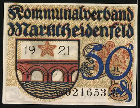 Notgeld Marktheidenfeld, 1921, 50 Pfennig, Familie mit Kind Liebe deine Heimat und Wappen mit Brücke