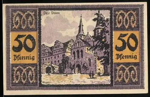 Notgeld Merseburg 1921, 50 Pfennig, Der Dom und Wappen mit Rabe