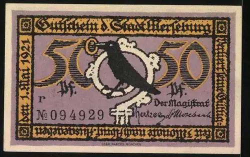 Notgeld Merseburg 1921, 50 Pfennig, Der Dom und Wappen mit Rabe