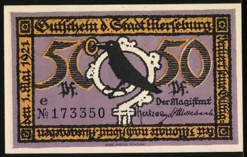 Notgeld Merseburg 1921, 50 Pf, Schloss und Rabe, Seriennummer 173350